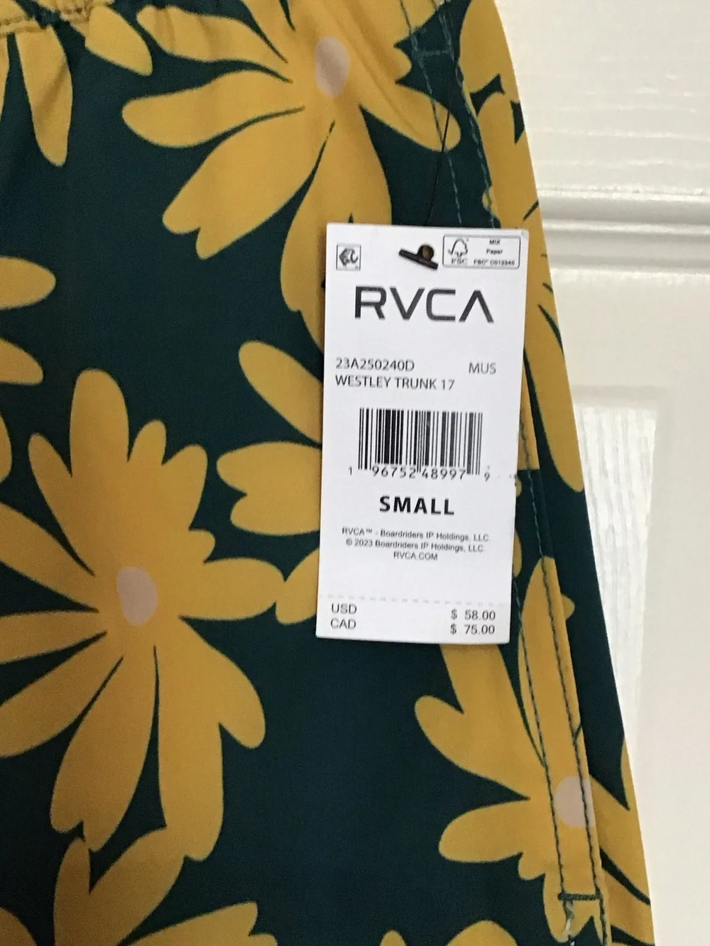 RVCA Men's Dark Green Swim Trunks with Yellow Floral Print